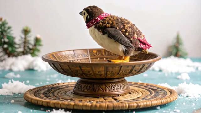 Plush penguin with scarf perched on an ornate wooden bowl with a snowy winter backdrop