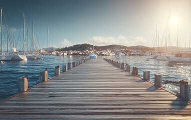 Fototapeta premium Long wooden pier leading to sailboat marina with sunny sky and hills