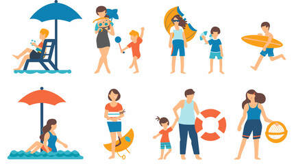 Fototapeta premium Diverse People Enjoying Sunny Beach Activities Under Umbrellas With Ocean And Sand Background