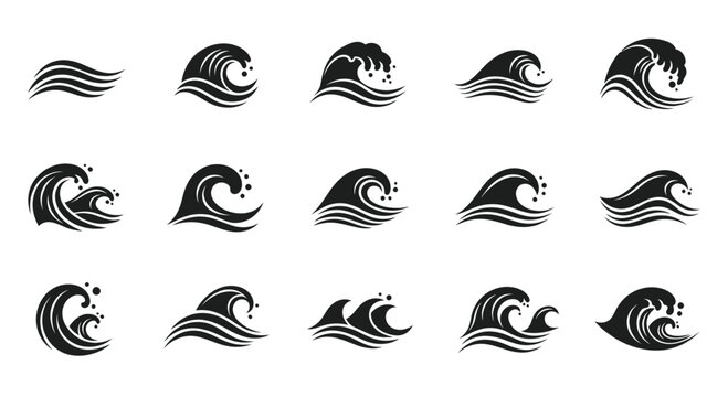 Set of stylized wave icons, black and white, vector graphics