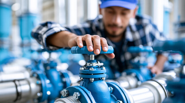 Close-up of a male worker inspecting water pump valves at a large industrial estate, industrial plumbing concept, water supply station inspection, pump maintenance photography,