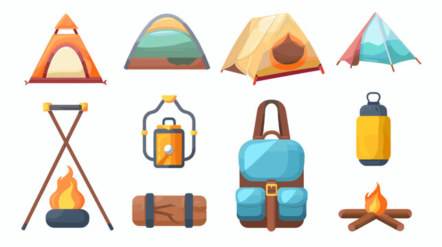 Pixel Art Camping Gear Assortment Featuring Tents Backpack and Campfire on White Background