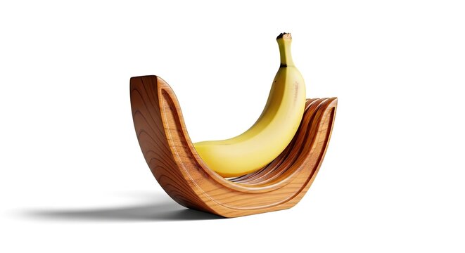 A single yellow banana resting in a curved wooden bowl.