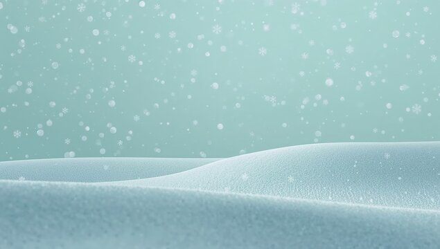 Serene winter snowfall over soft snowdrifts with gentle snowflakes falling on minimalist pastel background