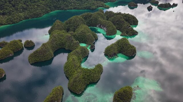 Drone Flying Forward Over Tropical Limestone Islands in Triton Bay Indonesia