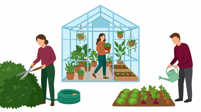 People gardening, cultivating plants in a greenhouse and outdoor vegetable patch