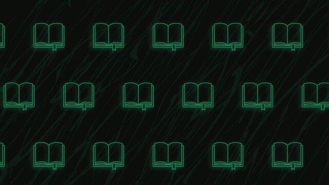 Seamless animation with green neon icons: a book with a brain, a light bulb with a graduation cap, a brain with electronics. Dark background with texture, looping pattern for e-learning, technology, a