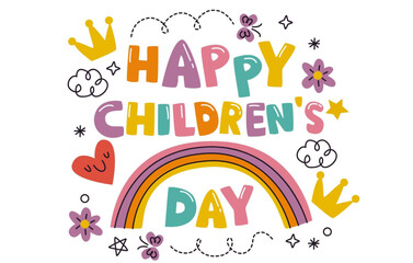 Colorful happy children's day illustration with rainbow and decorations © Css
