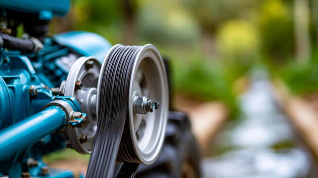 Close-up of a flywheel engine on a walking tractor spinning a belt to pump canal water, agricultural machinery concept, rural water pump technology, farm engine photography,