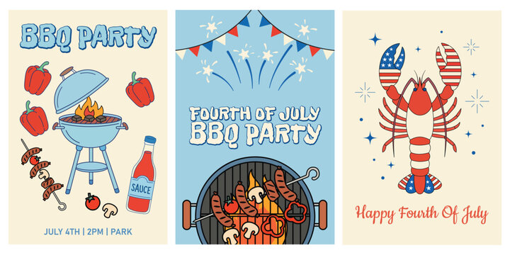 Set of three fourth of july bbq party invitation posters with grill, lobster, and food illustrations