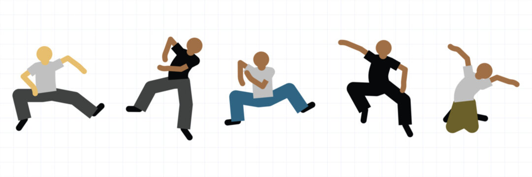 Casual male dancer character expressing rhythm motion energy street style modern concept flat vector illustration collection set
