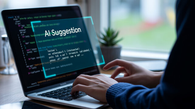 A person's hands are typing on a laptop as an AI suggestion hologram appears on the screen, suggesting a concept of artificial intelligence in coding.