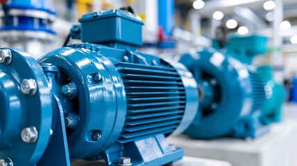 Fototapeta premium Close-up of an installation of electrical motor pump power plant components, motor installation concept, industrial electrical system, pump power plant photography, defocused