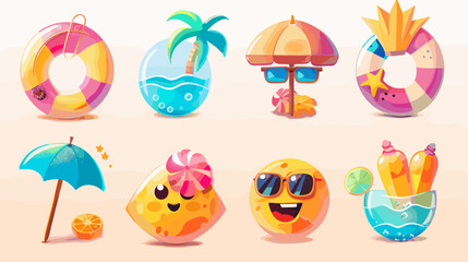 Pixel Art Summer Vacation Objects Beach Umbrella Swim Rings Tropical Drink and Sun Characters © AI PIC
