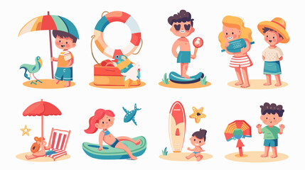 Obraz premium Pixel Art Summer Vacation Scenes Children Enjoying Beach Activities with Beach Toys and Accessories