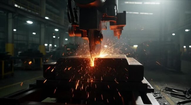 Industrial metal cutting with sparks in factory setting 4K Ai HD high quality video.