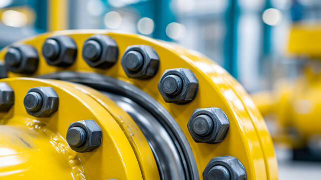 Close-up of an unrecognizable yellow industrial station component in close-up, pressure chamber or gas hardware concept, industrial abstraction, machinery close-up, defocused