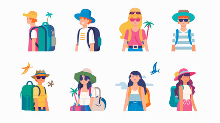 Fototapeta premium Pixel Art Tourists Diverse Group Ready For Summer Vacation Tropical Beach Adventure