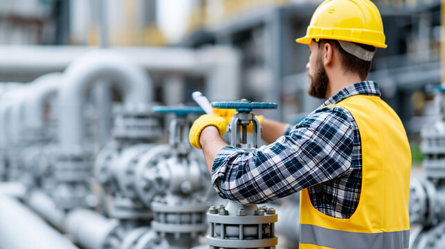 Rear view of a male worker inspecting pipe elbow valves at an oil refinery station, industrial valve inspection concept, steel pipe maintenance, refinery infrastructure