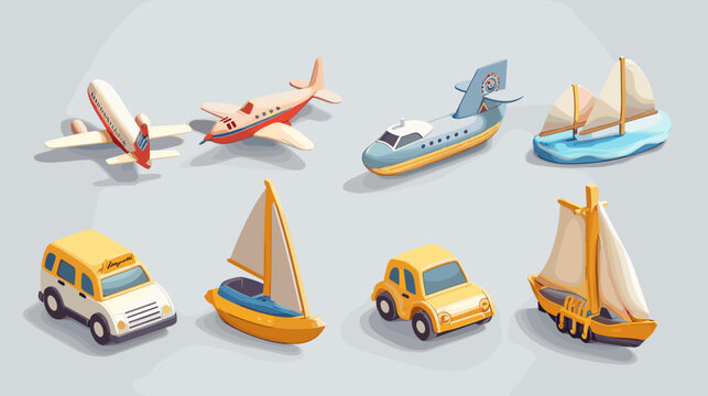 Pixel Art Transportation Collection Featuring Airplanes Cars and Sailboats in Isometric View