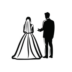 Wedding couple silhouette. Bride in gown and groom in suit. Marriage and love concept. Vector illustration isolated on transparent background