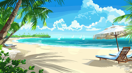Naklejka premium Pixel Art Tropical Beach Paradise with Palm Trees Lounge Chairs and Sailboats on a Sunny Day