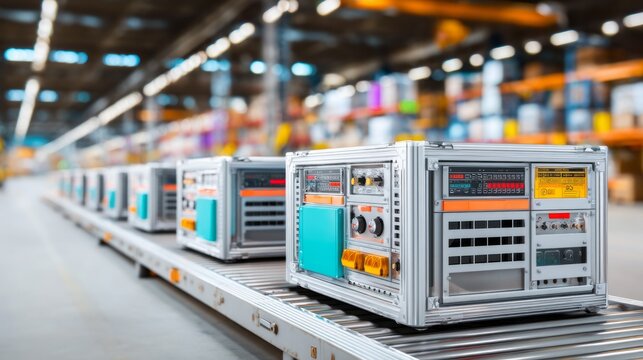 Industrial conveyor with electronic control units in modern factory warehouse