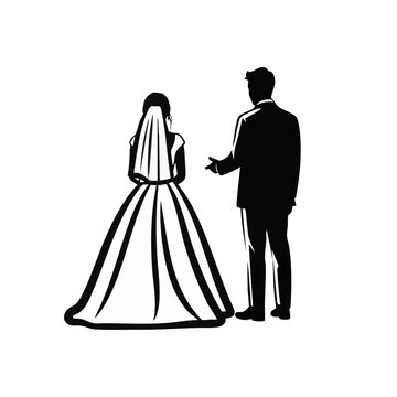 Wedding couple silhouette. Bride in gown and groom in suit. Marriage and love concept. Vector illustration isolated on transparent background