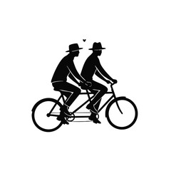 Naklejka premium Romantic couple on a tandem bike silhouette. Man and woman in hats cycling with heart symbol. Love and vintage concept. Vector illustration isolated on transparent background