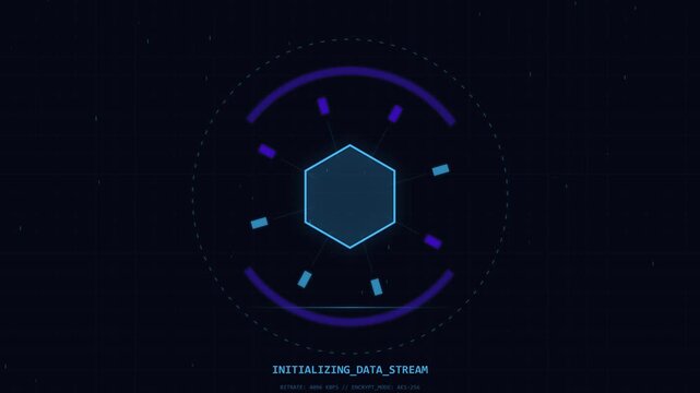 Abstract digital data stream initializing with glowing hexagon UI on dark grid