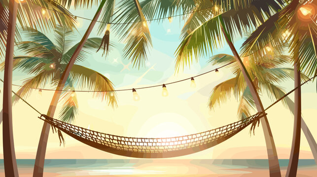 Pixel Art Tropical Beach Sunset With Palm Trees Hammock And String Lights Warm Golden Hour Glow