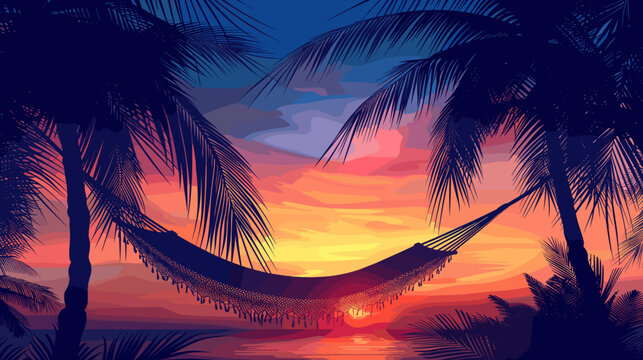 Pixel Art Tropical Beach Sunset With Palm Trees And Hammock Over Ocean Water