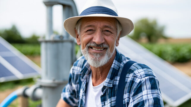 Close-up of a smiling elderly farmer beside a solar-powered water pump in a rural field, sustainable agriculture concept, farmer and clean energy technology, rural solar pump