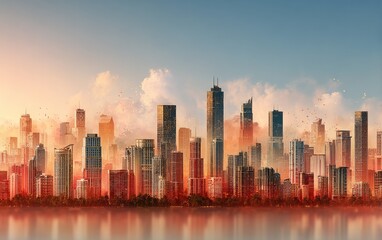 Fototapeta premium Modern city skyline with high-rise building reflection at sunset time