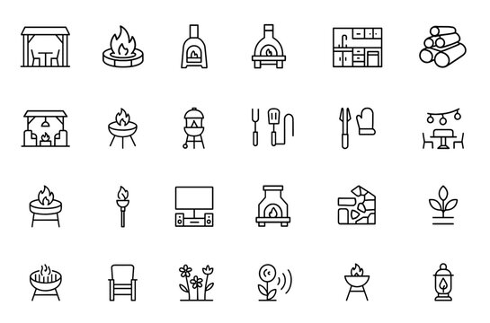 Outdoor backyard firepit icon set with thin linear vector pictograms of patio, fireplace, chiminea, pizza oven, kitchen, firewood, propane tank, and illustration