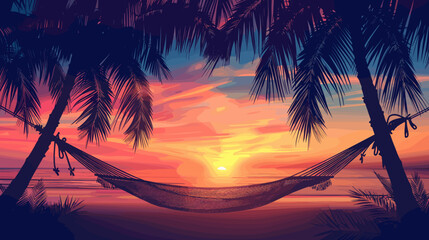Pixel Art Tropical Sunset With Palm Trees And Hammock Overlooking Ocean Horizon © AI PIC