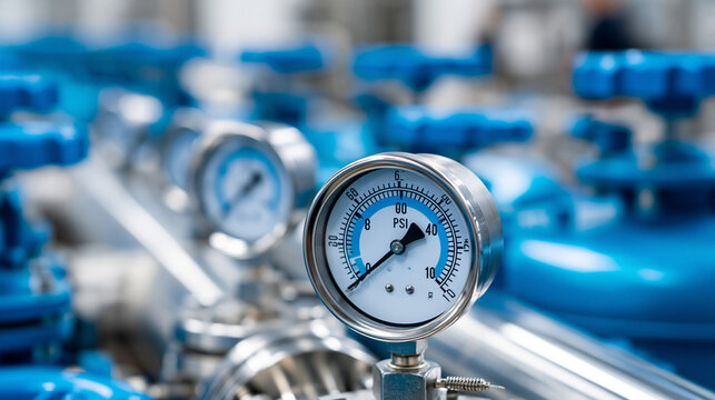 Close-up of a pressure gauge PSI meter in a water and oil system valve panel, industrial process monitoring concept, multi-system gauge photography, fluid control equipment,