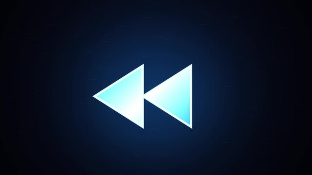 Blue neon rewind symbol glowing on dark background with digital glitch effect for video interface