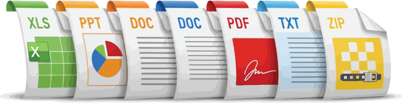 Assortment of digital file xls, ppt, doc, pdf, txt, zip document data technology
