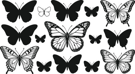 Black and white butterfly silhouette collection, decorative insect vector set, elegant wing illustrations isolated on clean white background © SreeMoti