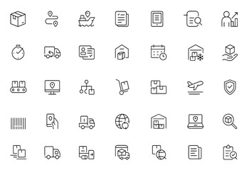 Fototapeta premium Logistics supply chain business process icon set, vector line pictograms of packaging, route, freight, proof, digital document, forecast, demand, thin linear illustration, transport, delivery