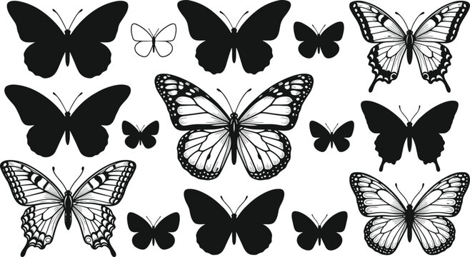 Black and white butterfly silhouette collection, decorative insect vector set, elegant wing illustrations isolated on clean white background