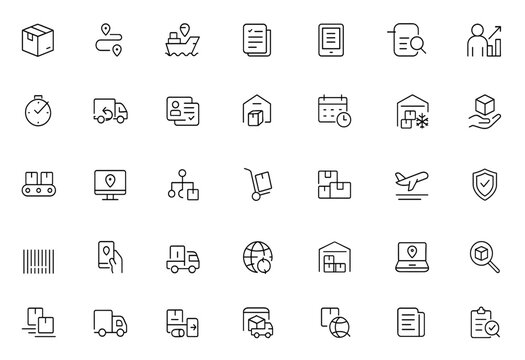 Logistics supply chain business process icon set, vector line pictograms of packaging, route, freight, proof, digital document, forecast, demand, thin linear illustration, transport, delivery