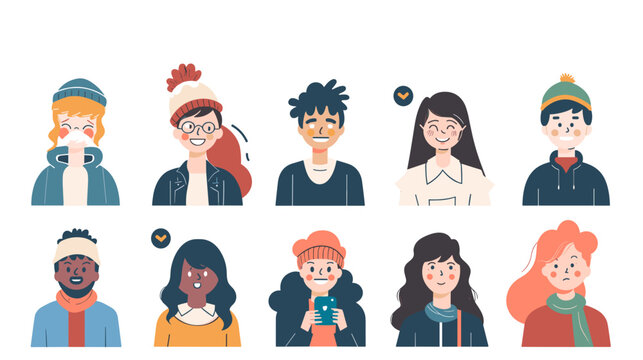 Pixelated Diverse Avatars in Winter Attire with Warm Hats Scarves and Jackets