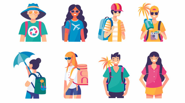 Pixelated Diverse Travelers With Luggage And Sun Hats Enjoying Summer Vacation Outdoor