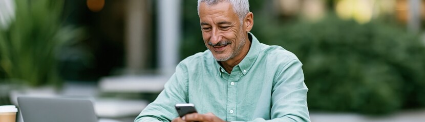 Obraz premium Older man using smartphone while working at outdoor cafe table