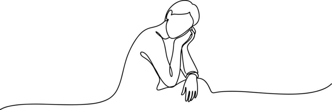 Minimalist line art of a pensive person resting head on hand, thinking, contemplative mood