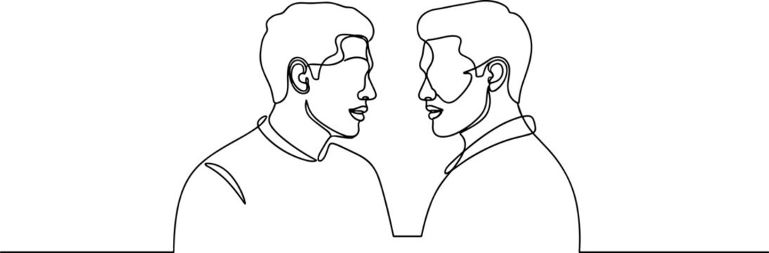 Two men talking, continuous line drawing, minimalist style, friendship, conversation