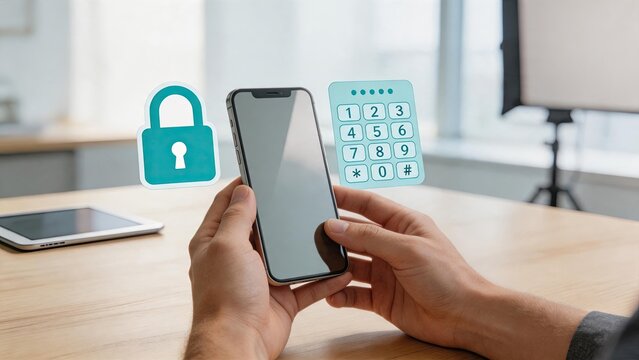 Hands holding smartphone with floating padlock and numeric keypad icons illustrating mobile security, password protection, digital authentication, privacy settings and secure