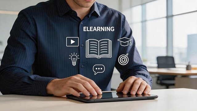 Man using tablet device with e-learning education icons overlay including video player, open book, graduation cap, lightbulb, chat bubble and target symbolizing online learning,